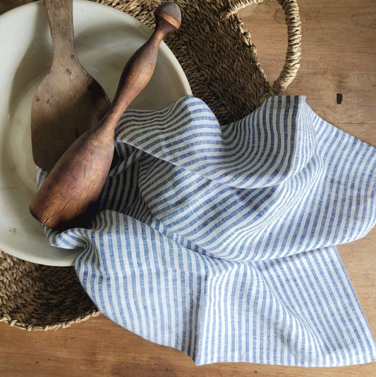 Blue and White Striped Linen Tea Towel