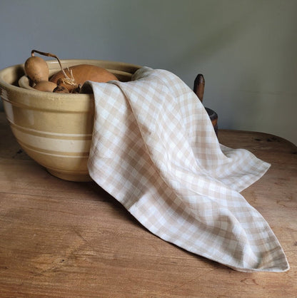Beige Gingham Linen Tea Towel
